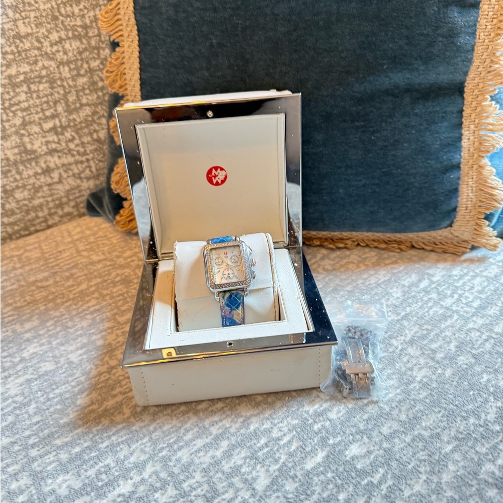 Michele Art Deco with Diamonds Blue and Silver Watch (no original box pictured)